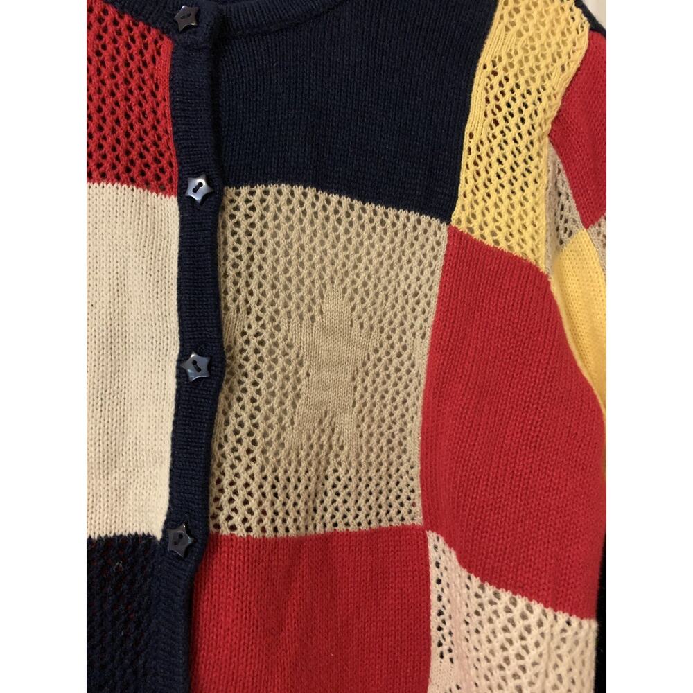 Breckenridge red blue yellow star themed knit button down sweater ramie blend L - Picture 3 of 5